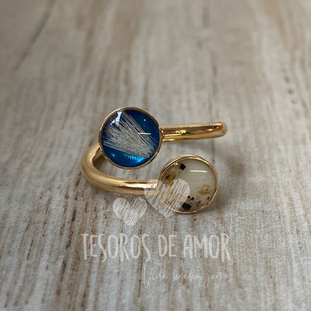 Anillo doble chapa de oro con cordón umbilical, leche materna y pelo