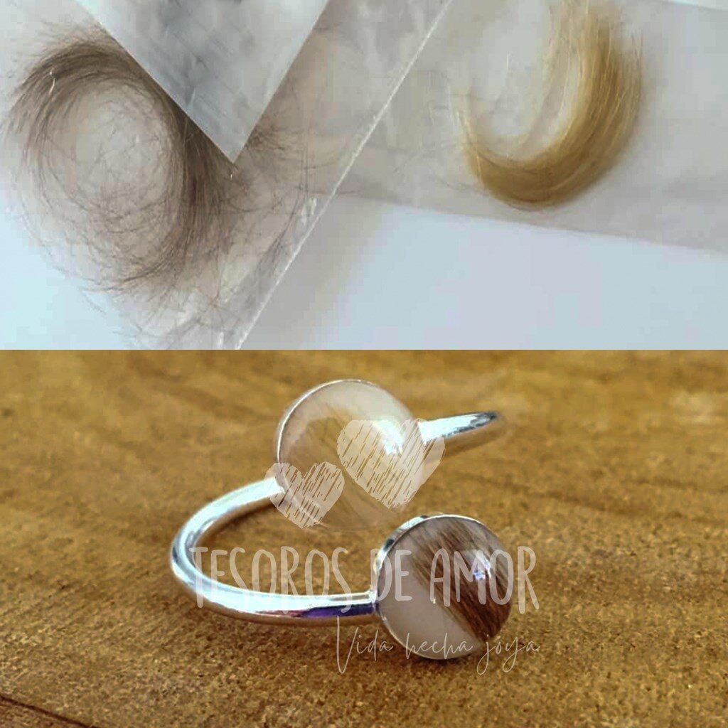 Anillo sencillo doble plata con cabellos de diferente persona.