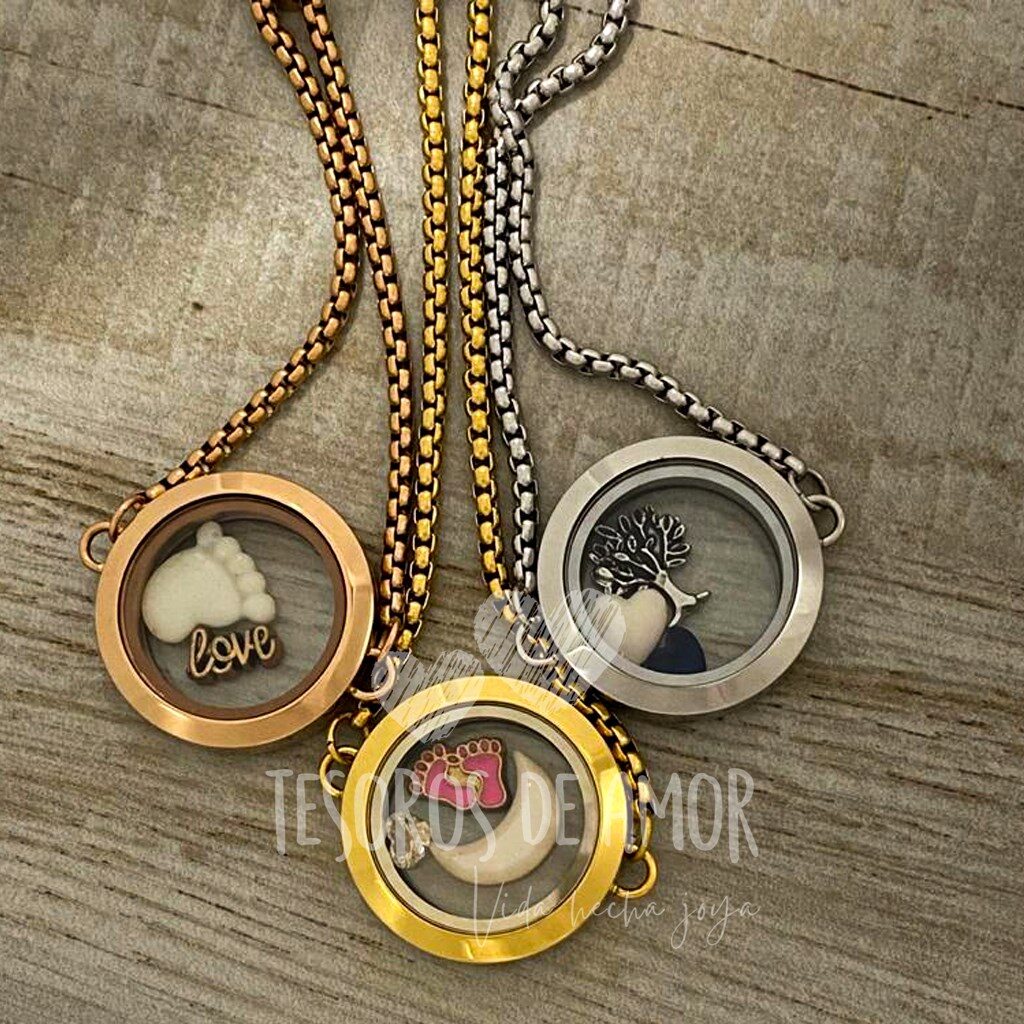 Relicario redondo liso brazaletes oro rosa, dorado y plata