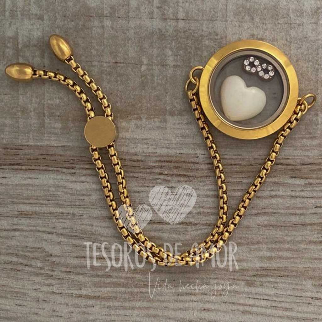 Relicario redondo liso brazalete dorado con figura “corazón” y pieza plateada metálica “infinito”