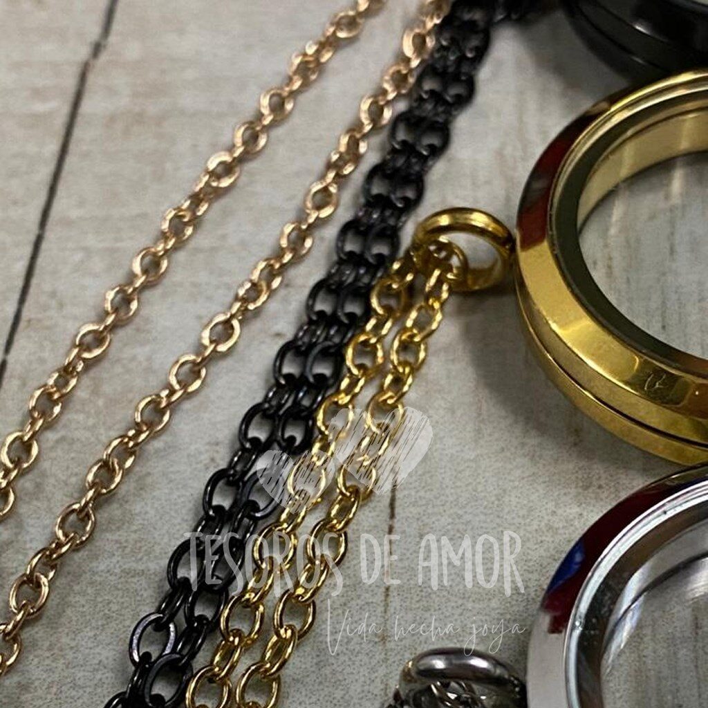 Cadenas de relicarios en oro rosa, negro, dorado y plata