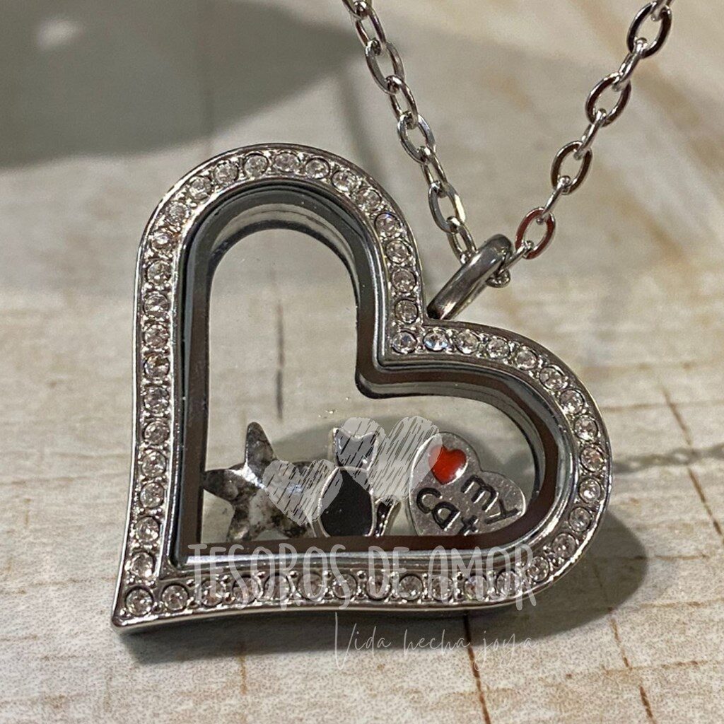 Relicario corazón brillos con figura estrella de cenizas de gato, con figuras de plata “gato” y “love my cat”