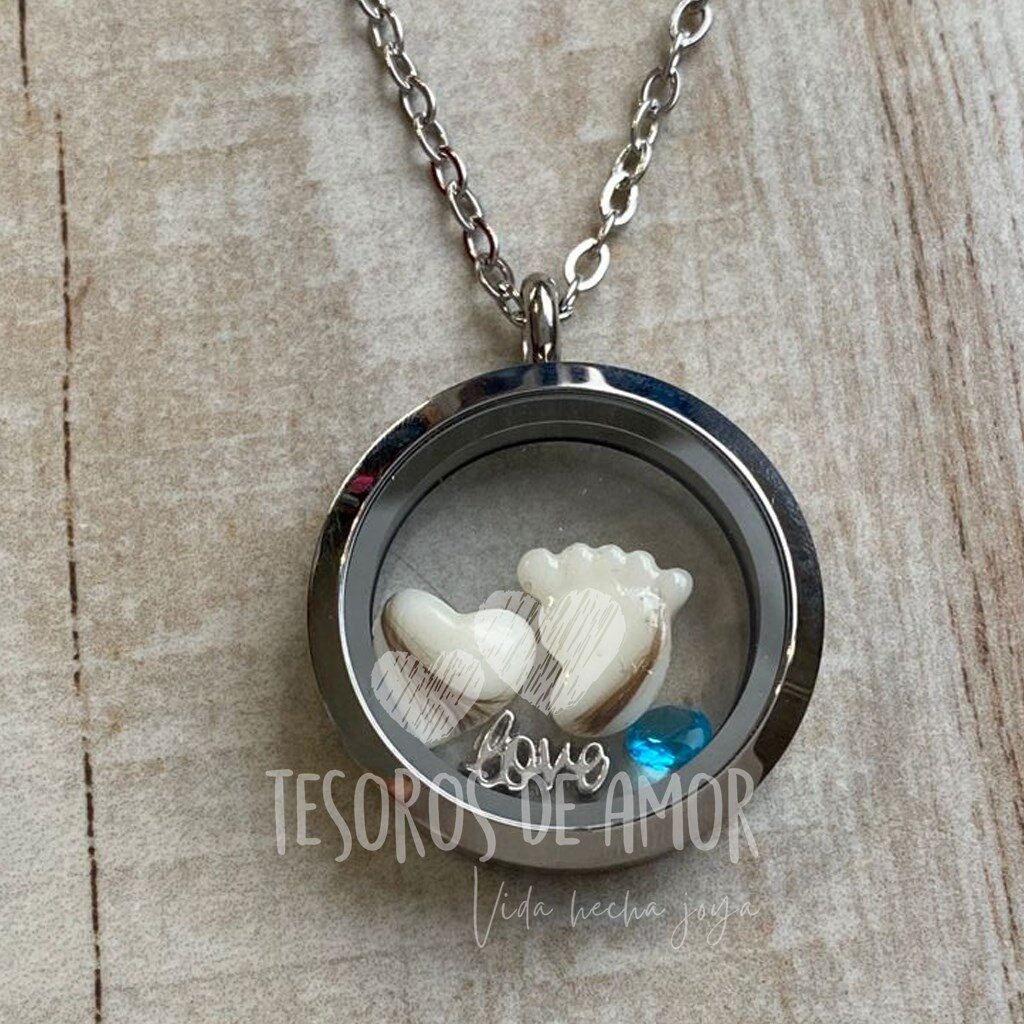 Relicario plata liso corazón pie con leche y cabello
