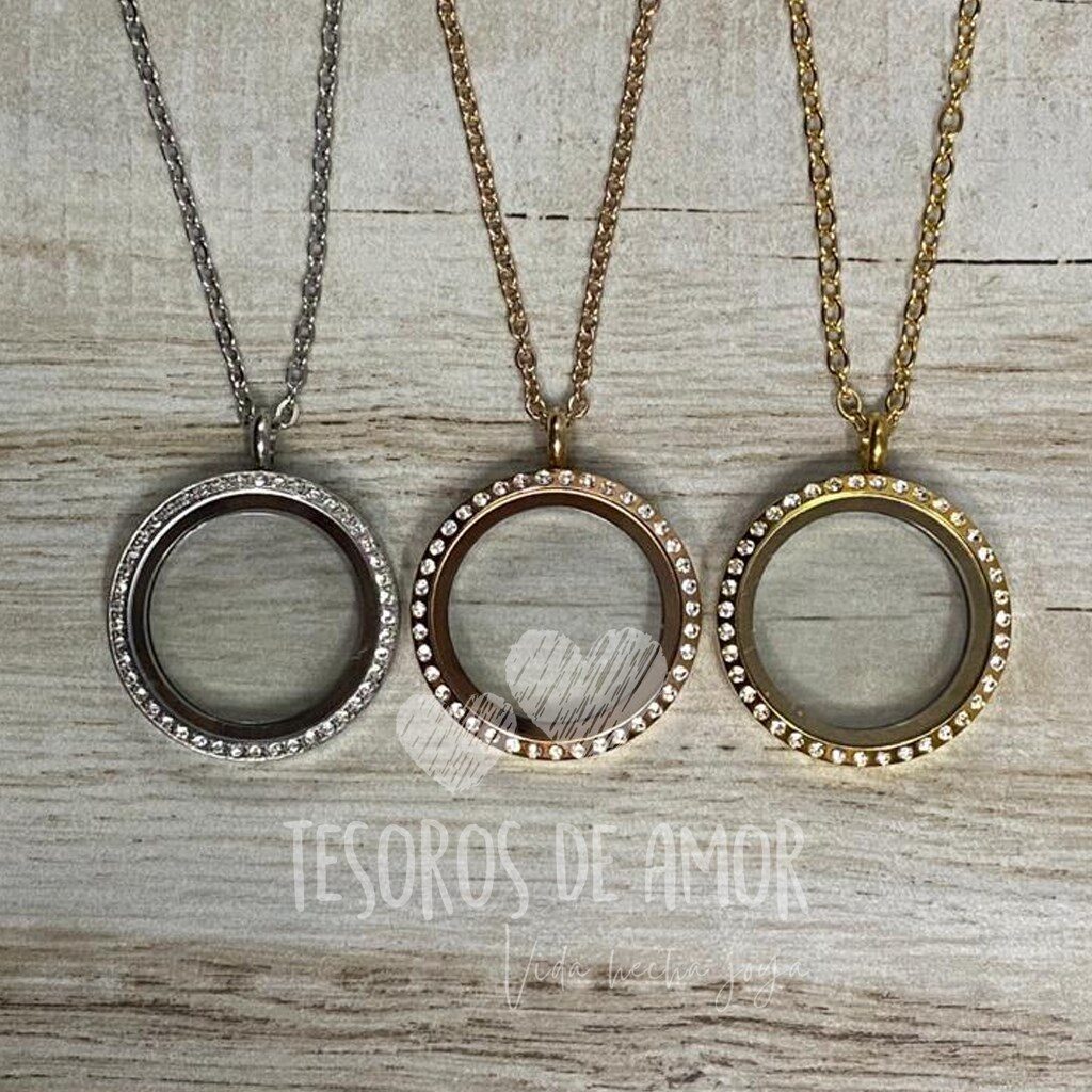 Relicario redondo brillos en plata, oro rosa y dorado