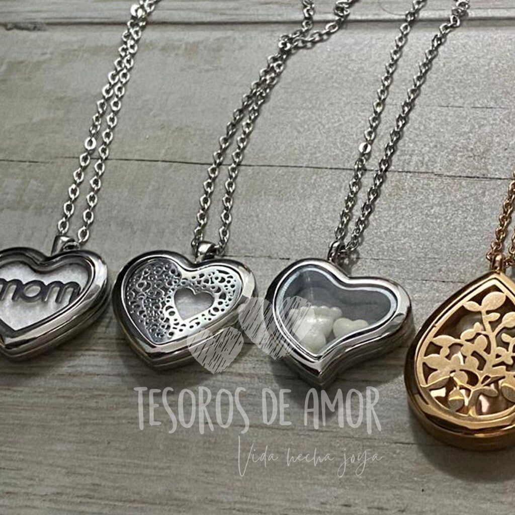 Relicarios plata corazón “mom”, “graquelado” y “chueco”; relicario corazón gota oro rosa